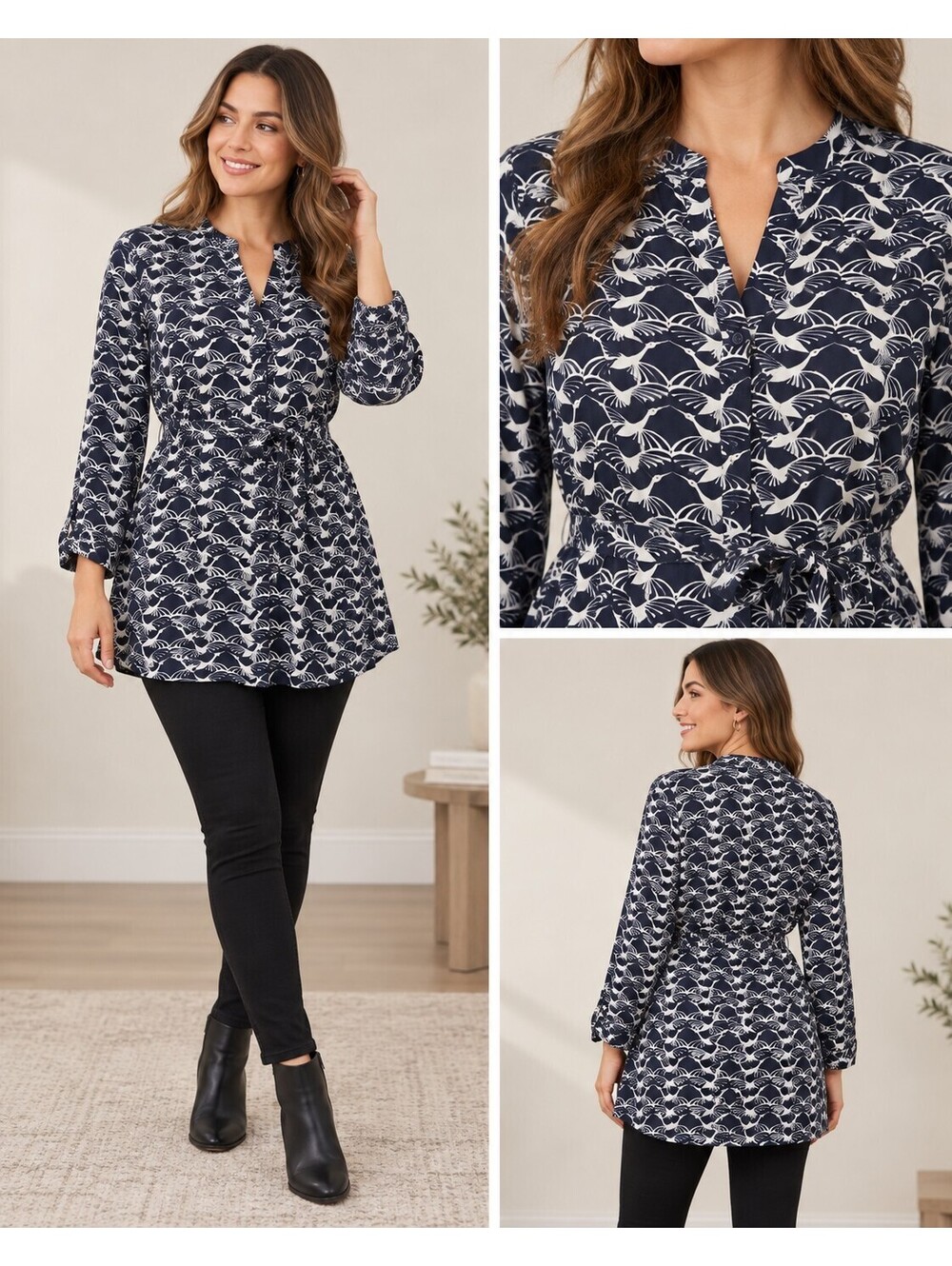 Chico's Women's Navy Blue and White Patterned Tunic with Tie Waist size 20/22